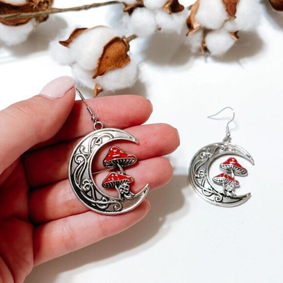 Silver mushroom hoop earrings N224 - Picture 3 of 3